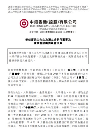中银香港：委任廖长江为独立非执行董事
