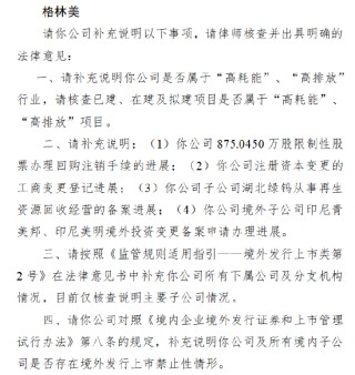 格林美A+H收到证监会备案反馈：公司和旗下项目是否属于高耗能高排放