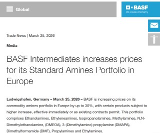 化工巨头巴斯夫发布第五份涨价公告，基础胺类涨幅可达30%