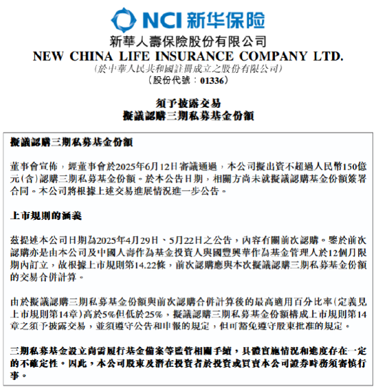 新华保险:拟出资不超过150亿元认购三期私募基金份额 第1张 新华保险:拟出资不超过150亿元认购三期私募基金份额 第1张